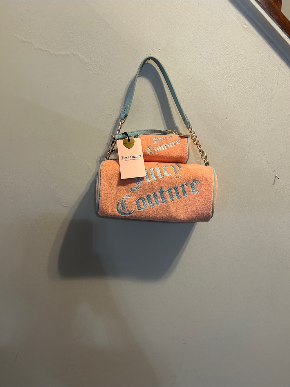 Juicy Couture Peach Terry Mini Barrel Bag with Mint Trim and Gold Chain